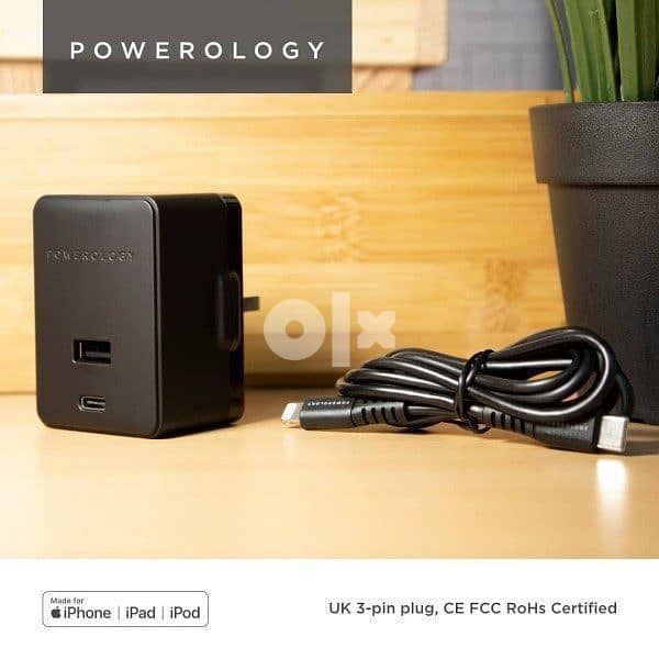 Powerology Dual Port Ultra-Quick PD Charger 32W Black-lighting cable 1