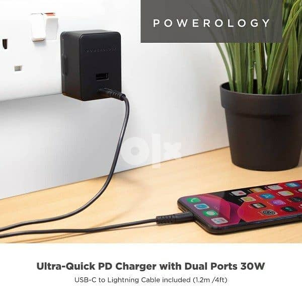 Powerology Dual Port Ultra-Quick PD Charger 32W Black-lighting cable 2