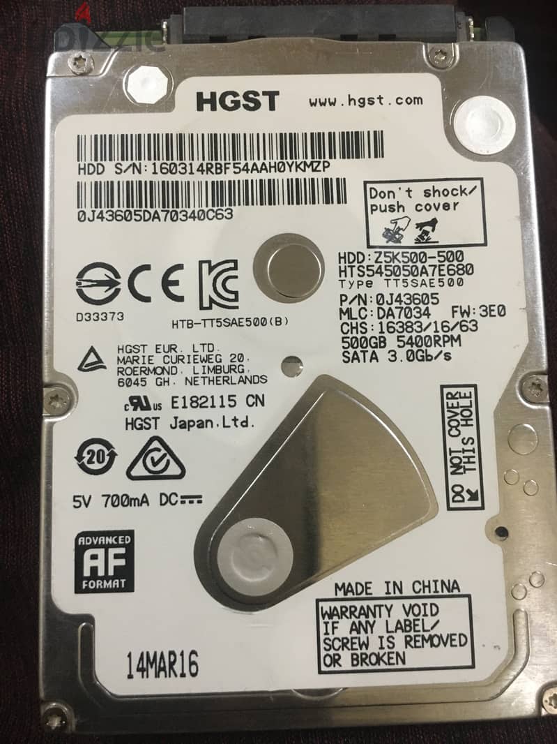 HGST laptop hard disk drive for sale.  500 gb capacity. 1