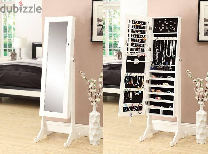 Mirrored Standing Jewelry Cabinet White (1.2M tall) 1