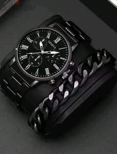 Black Metal Strap Round Dial Quartz Watch & 1pc Chain Bracelet 0