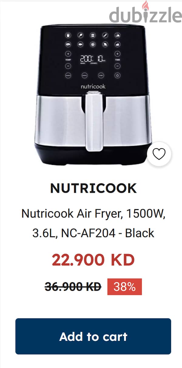 NutriCook Air Fryer, Touch control, 3.6L, 1500W, Stanless Steel - eXtra  Saudi