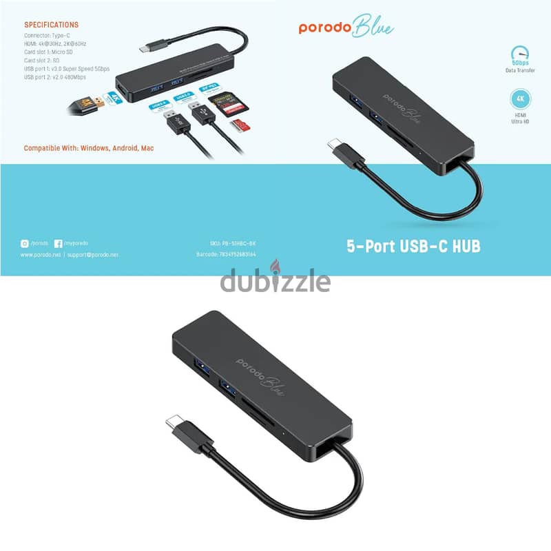 Porodo Blue 5in1 USB-C Hub HDMI USB SD MicroSD 2