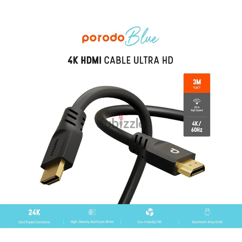 Porodo Blue 4K/60Hz HDMI Cable Ultra HD (3m/9.8ft) 1