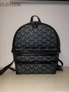 Black/grey calf leather Versace backpack featuring all over logo print