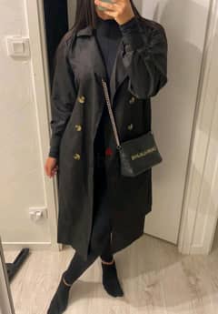 Long black trench coat with belt