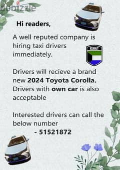 Immediate hiring of Taxi drivers