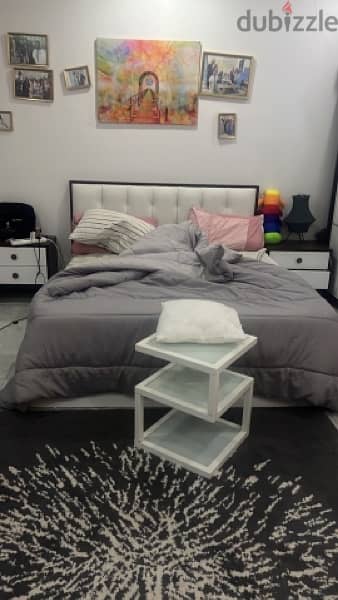 bed with 2 sides table dresser and shoes stand fridge  sofa 1