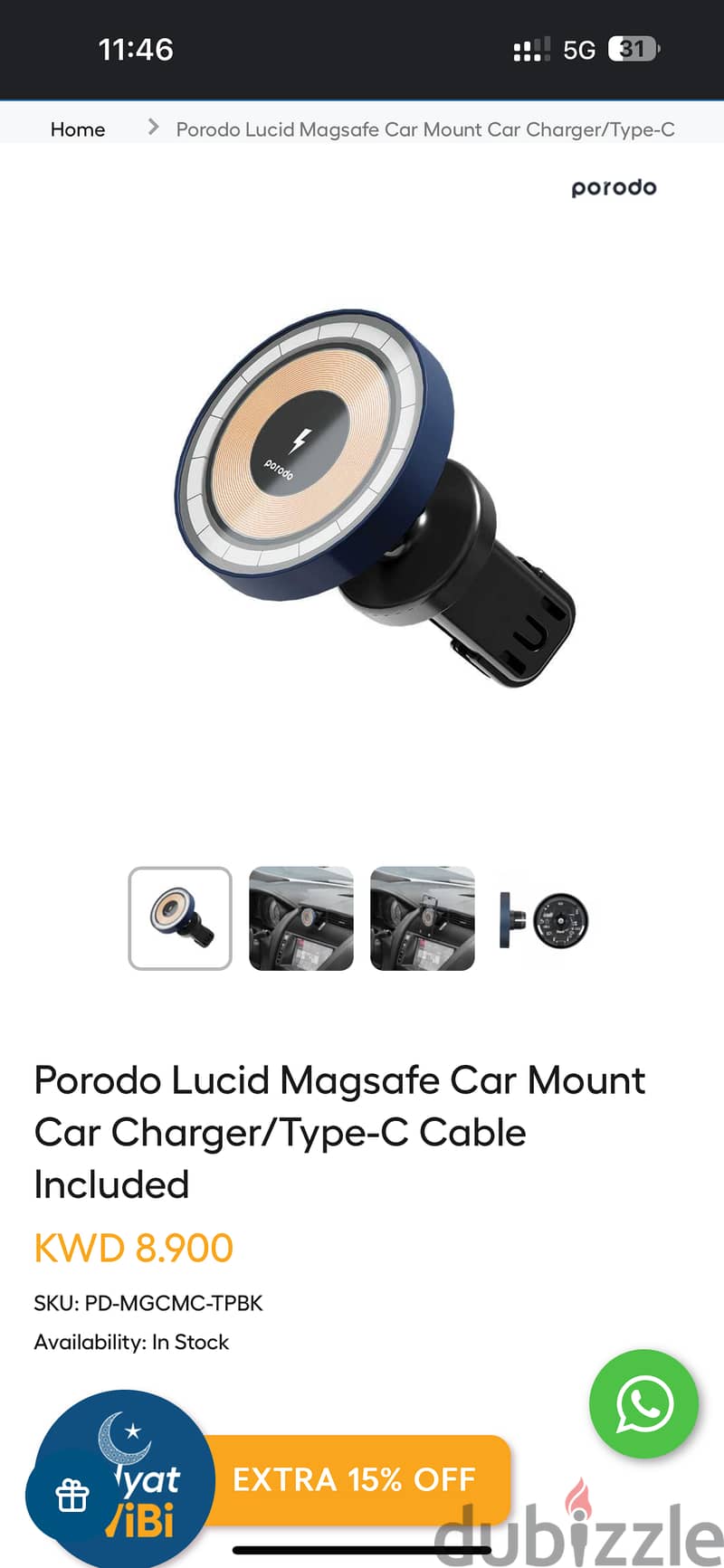 Porodo Lucid Magsafe Car Mount Car Charger/Type-C Cable Included 4