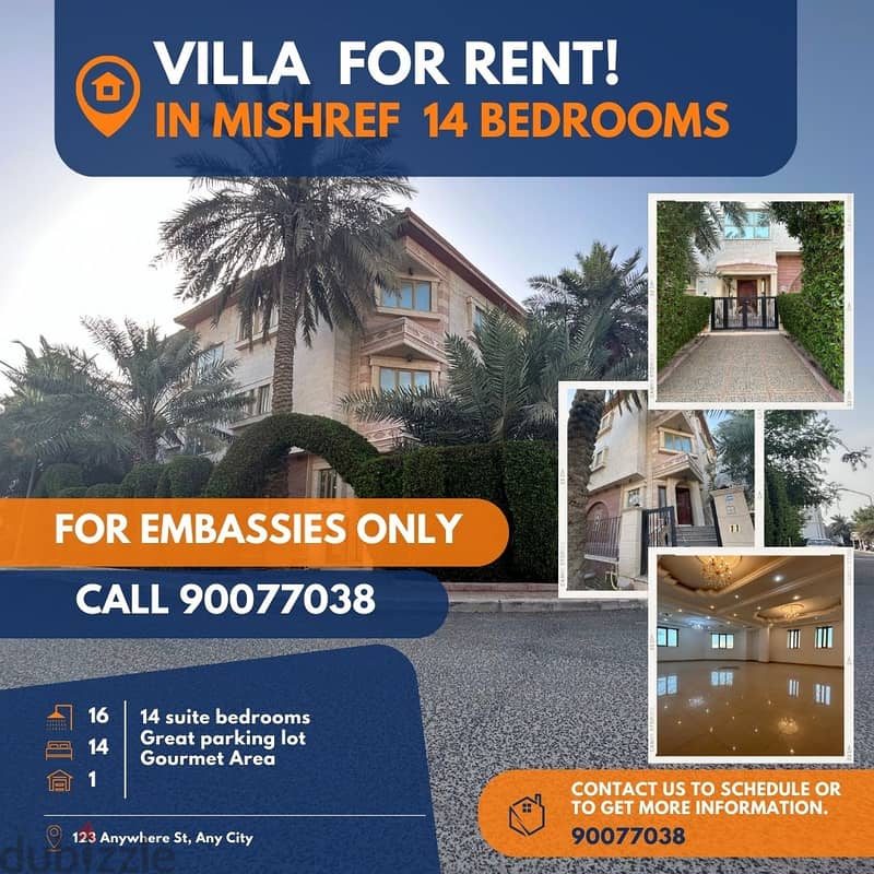 villa for rent in mishrif 14 bedrooms for embassies 0