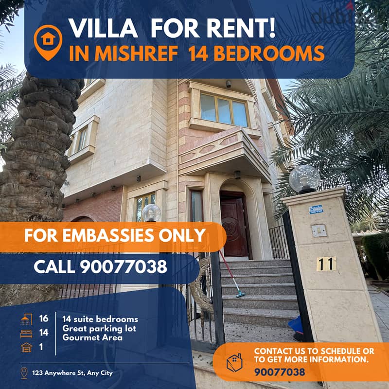 villa for rent in mishrif 14 bedrooms for embassies 1