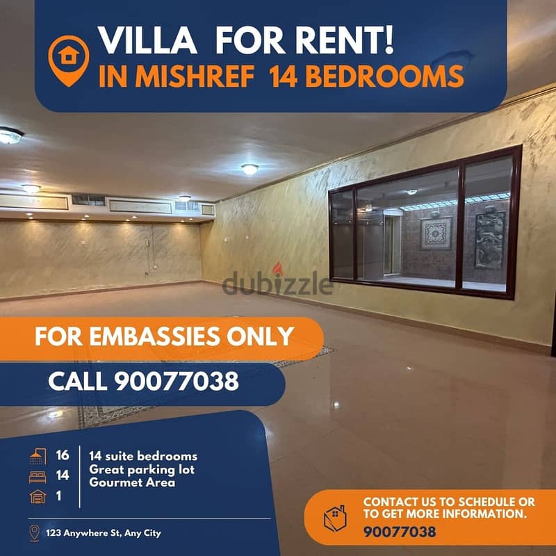 villa for rent in mishrif 14 bedrooms for embassies 4