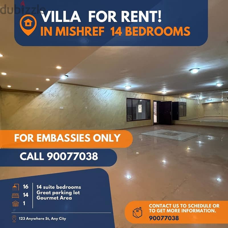 villa for rent in mishrif 14 bedrooms for embassies 5