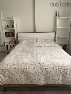 Queen size cot with Matress and 2 book shelves,ikea table and chair