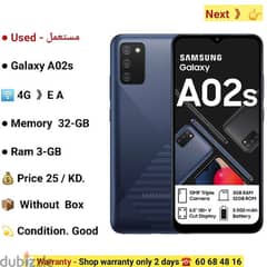 Samsung A02s.  . . . 4G.  . . . 32-GB.  . . Ram 3-GB