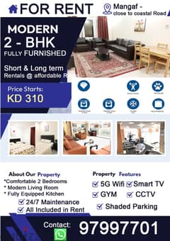 MODERN 2 - BHK FULLY FURNISHED SHORT $ LONG TERM PRICE STARTS KD 310