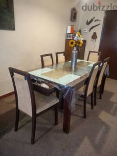 Dining Table with Glass Top (with 2 Drawers) and 6 chairs