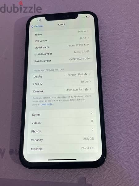 iPhone 12 Pro Max 256gb battery 89% display change Face ID issue 7