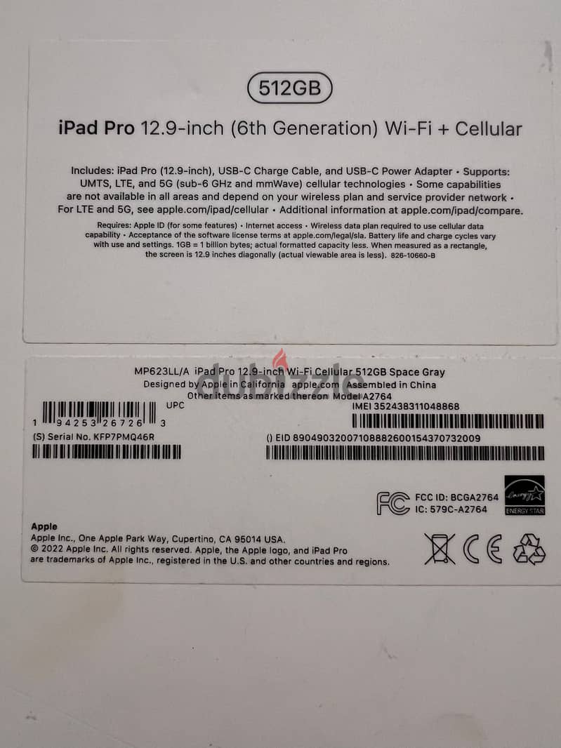 Apple Ipad Pro 512 GB 6th Generation Cellular + Wifi 12.9 inch 3