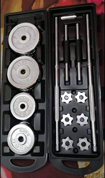 50 kg dumbbells new only silver cast iron with bar connector and  box 2