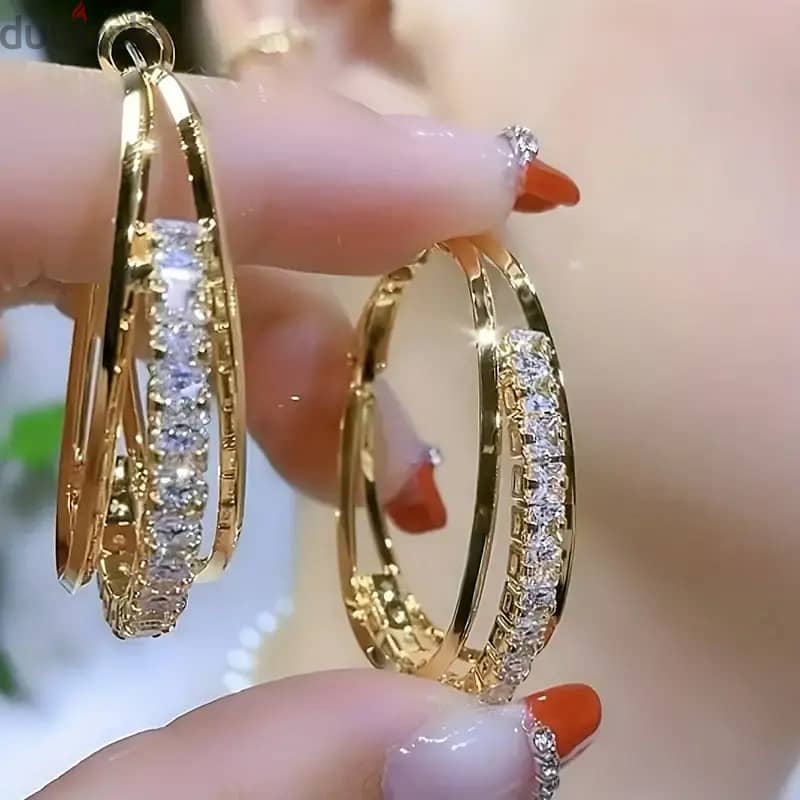 Triple Layered Rhinestone Adorned Hoops Earrings 1