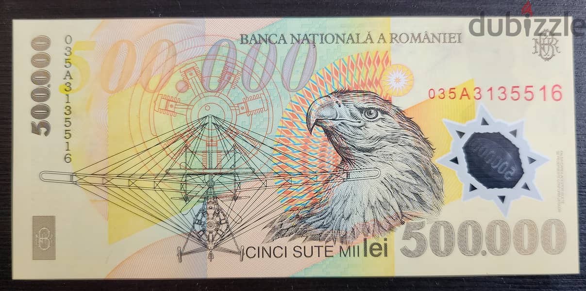 Polymer 500 000 LEI Banknote - Romania - Year 2000 1