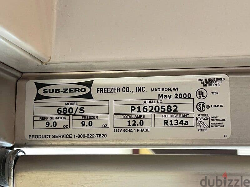 Sub Zero Refrigerator Model 680 Side by Side. 2