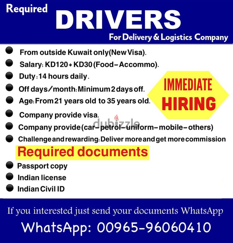 Required drivers for logistics and Delivery Company 0