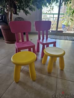 2 pink IKEA chairs and 2 yellow IKEA Stools for Kids