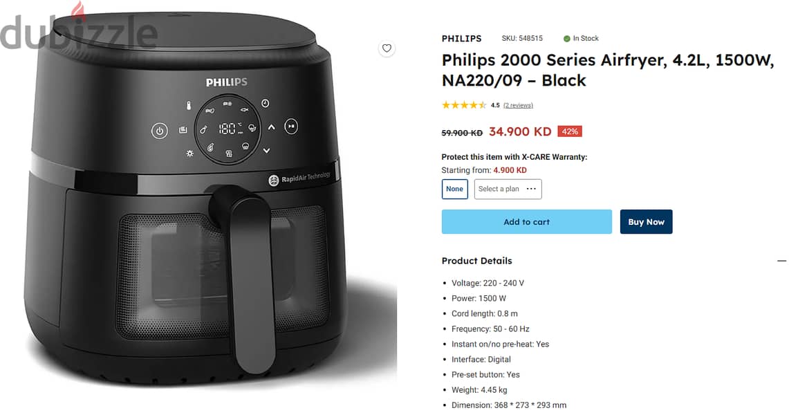 Philips 2000 Series Air fryer, 4.2L, 1500W, 3