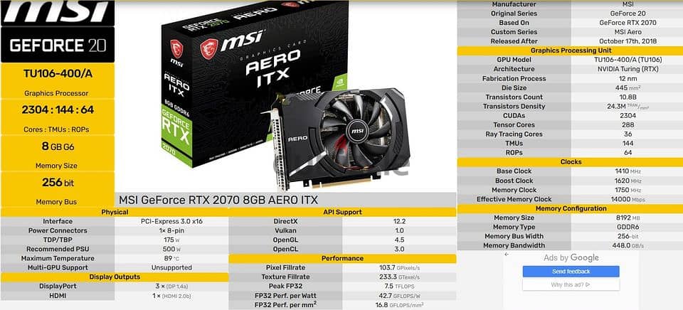 MSI GeForce RTX 2070 8GB AERO ITX 3