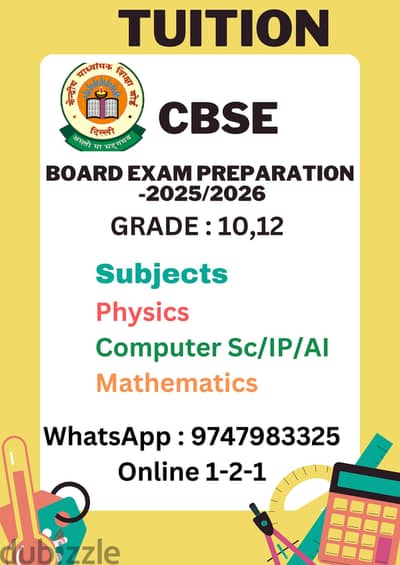 TUITION Board Exam CBSE 10,12 -  WhatsApp : +91 9747983325