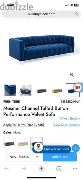 Mesmer 3 piece Sofa set in Channel Tufted Navy Blue Velvet & Acrylic 2