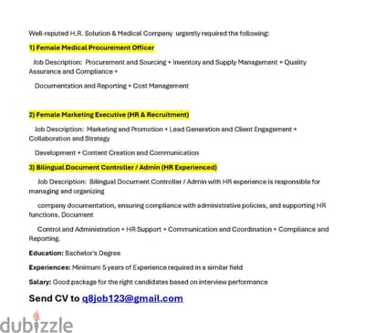 Required Female Marketing + Medical Procurement + Document Controller