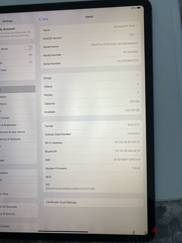 ipad pro 12.9 inch SIM card 256 gb with Magic Keyboard 2