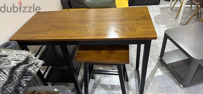 sofa, small table, dining/coffee table with 2 chairs, tv bench