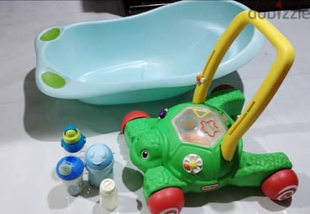 baby tub, sipper bottles, toy