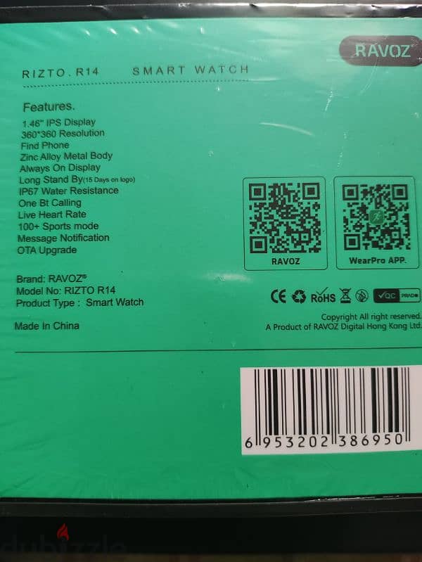 RAVOZ smart watch, new, sealed box not open، model R14 1