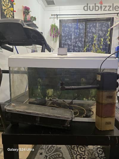 The fish tank is in good condition with a 2 filters and air pump