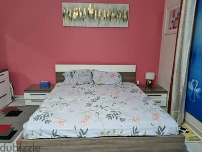 bedroom set with bed, wardrobe cupboard, 2 side tables, dressing table