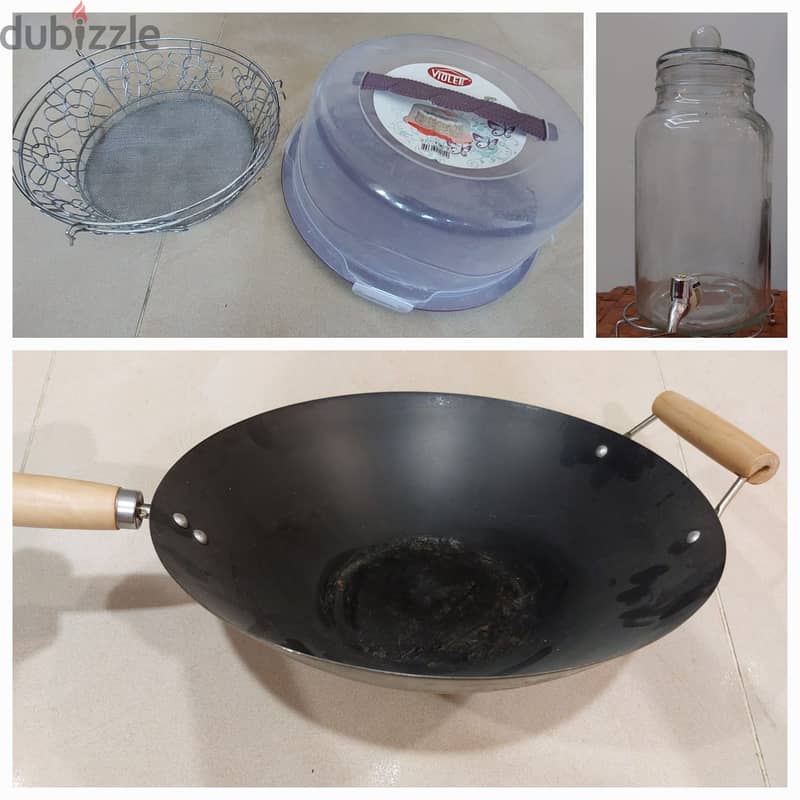 Cake box, big wok, glass juice jar in excellent condition for sale 2