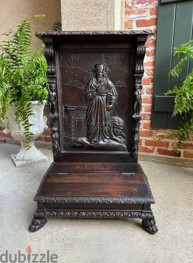 French Prayer Kneeler St. Jerome Lion Catholic Chapel Carved Oak