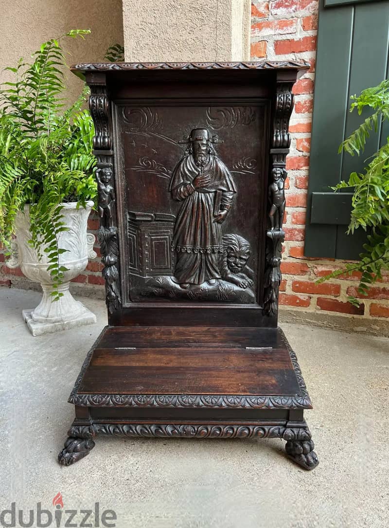 French Prayer Kneeler St. Jerome Lion Catholic Chapel Carved Oak 0