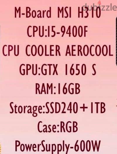 Gameing Pc i5 9Th Gen Ram 16GB SSD 240Gb+ 1TB Nvidia GTX 1650Super