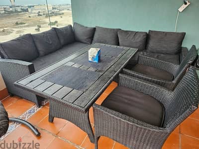 garden furniture 1 sofa L shape, 1 table, 2 hairs with 2 cushions