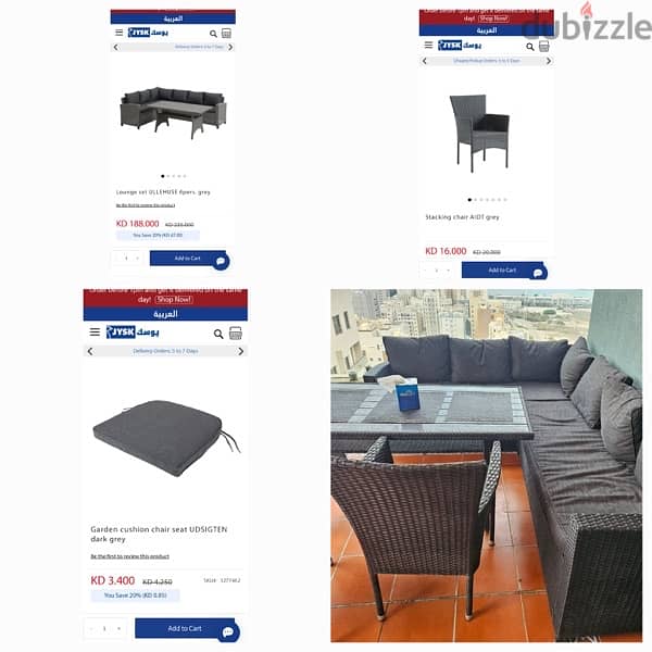 garden furniture 1 sofa L shape, 1 table, 2 hairs with 2 cushions 3