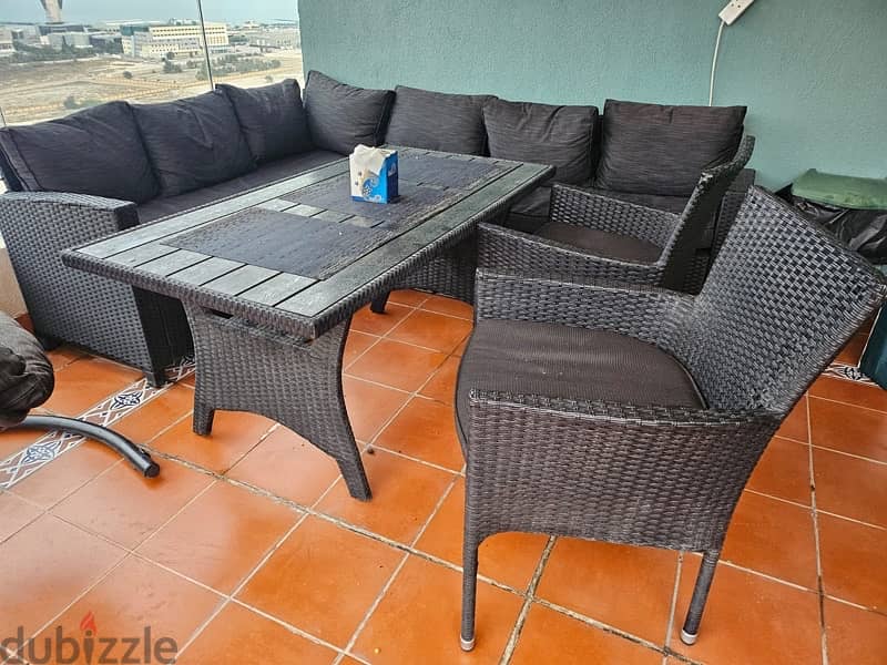 garden furniture 1 sofa L shape, 1 table, 2 hairs with 2 cushions 5