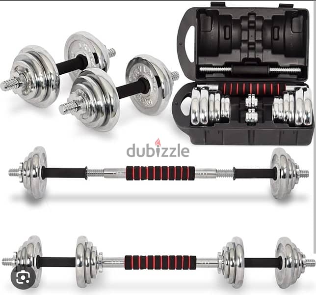 new 30 kg dumbbell silver color chrome with box and bar 5