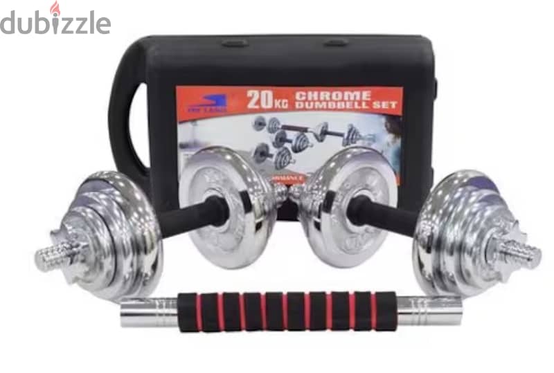 new 30 kg dumbbell silver color chrome with box and bar 13