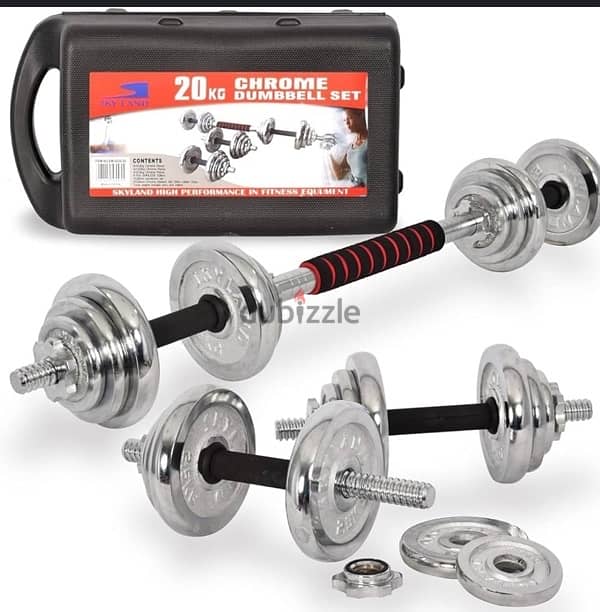 new 30 kg dumbbell silver color chrome with box and bar 15